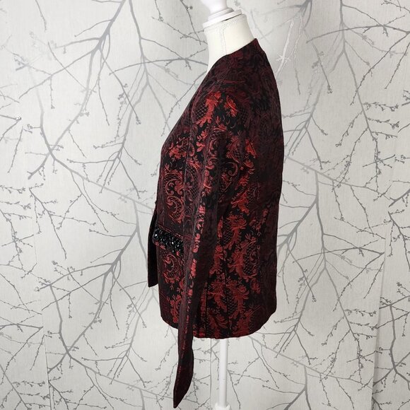 Chico's Red Black Floral Brocade Jewel Pocket Blazer - Picture 6 of 9